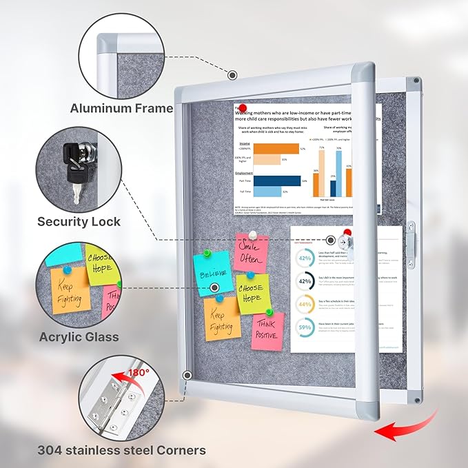 Enclosed Bulletin Board 20x16 Inch Outdoor Notice Board Tamper-Proof Flannel Lockable Display Cases with Aluminum Frame, All Weather Pinboard for Hospital, Restaurant Kitchen, Office