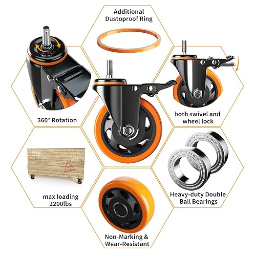 3 Inch Caster Wheels 2200Lbs, Threaded Stem Casters Set of 4 Heavy Duty, 1/2"-13 x 1 (Screw Diameter 1/2", Stem Length 1"), Safety Dual Locking Industrial Castors, Wheels for Cart, Furniture