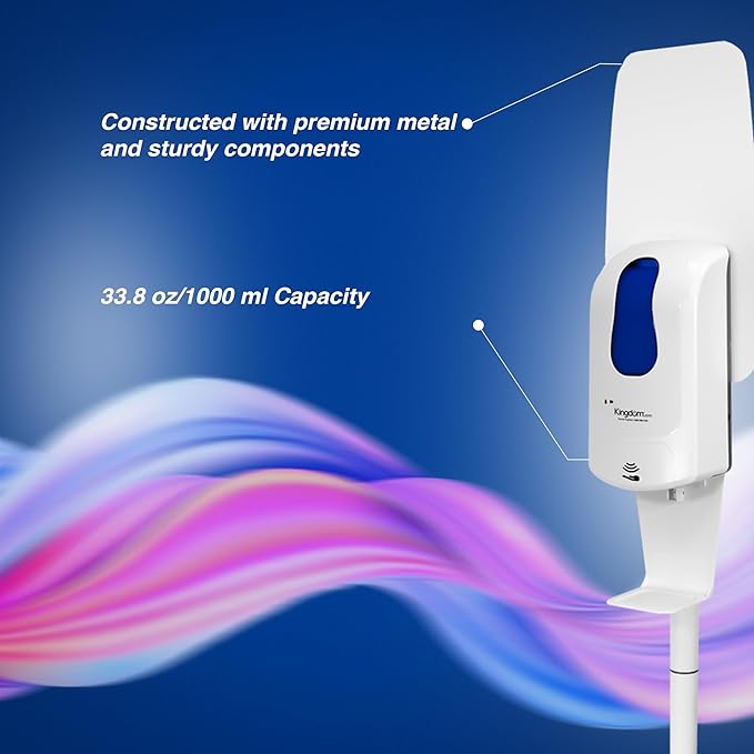 Kingdom Elite Series Automatic Touchless Hand Sanitizer Dispenser with Three Adjustable Dosage Settings Plus a White Metal Stand for Your Liquid and Gel Hand Sanitizers (Personalized)