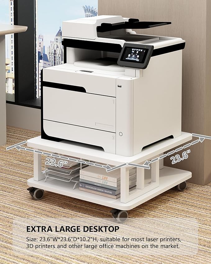 Mobile Printer Stand, 2-Tier Large Printer Shelf for Laser 3D Printer Office Machine with Storage, 23.6"x23.6" Wood Printer Cart Under Desk Rack with Wheels for Office Home Kitchen (White)