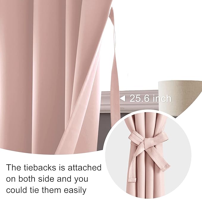 JIUZHEN Blackout Curtains for Bedroom - Thermal Insulated,Noise Reducing Room Darkening Privacy Rod Pocket Drapes for Girls Nursery Room, Set of 2 Panels with Tiebacks, 42 x 54 inch Long, Blush Pink
