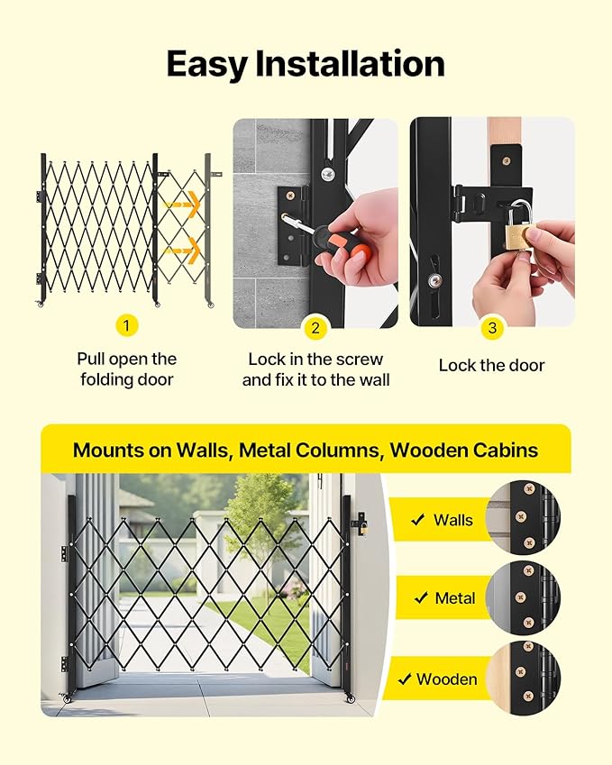 VEVOR Single Folding Security Gate, Lockable Scissor Gate with 360° Swivel Casters, Outdoor Barricade Steel Retractable Gates, for Entry Security, Garage, Warehouse & Pool, 66.93 x 51.57 in (W x H)