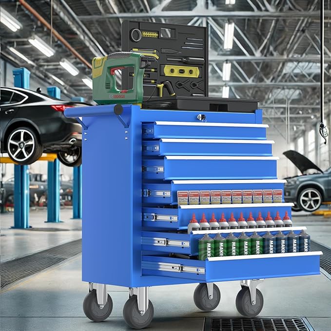 7-Drawers Garage Tool Chest, Large Capacity Tool Cabinet Heavy Duty Mechanic Rolling Tool Box Metal Locking Tool Cart with Drawers and Wheels for Storage