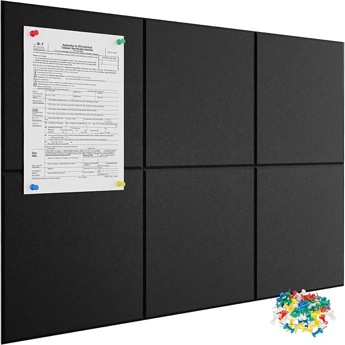 Large Cork Board for Wall 36" x 24", 6 Pack Black Bulletin Board, Felt Wall Tiles with 48 Safe Removable Adhesive Tabs, 30 Push Pins, Cork Boards for Home Office Pin Board Tack Board