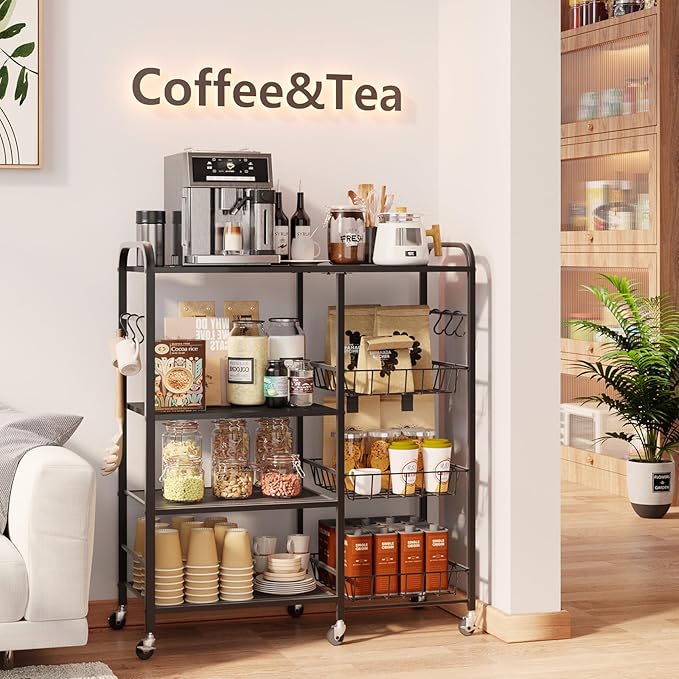 HapiRm Rolling Kitchen Microwave Cart - 4 Tier Microwave Table Stand with Pull-Out Baskets, Coffee Bar Baker's Rack with Wheels Rolling Storage Cart Organizer Shelf for Living Room Office, Balcony