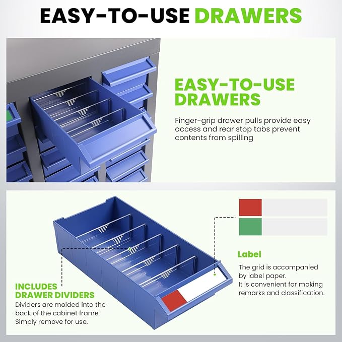 40 Drawers Nut and Bolt Organizer, 25" H x 21" D x 9" W Bolt and Nut Tool Storage Cabinet with Acrylic Adjustable Shelves & Label Stickers, Alloy Steel Parts Cabinet for Workshop Garage Organizer