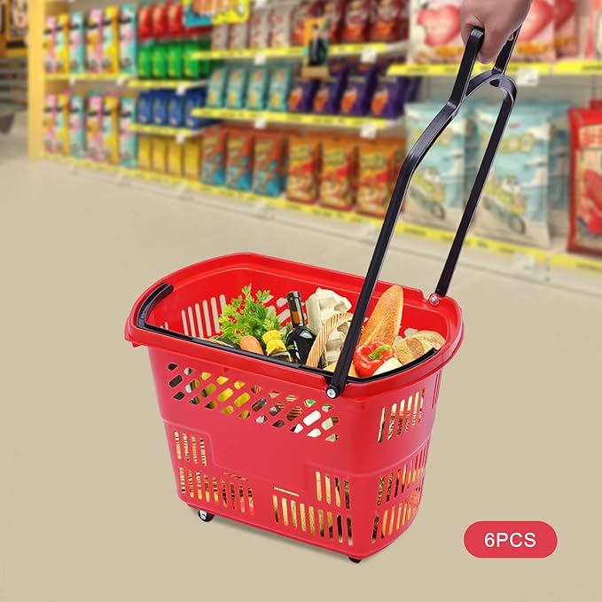6PCS Plastic Shopping Baskets,35L/9.2Gal Trolley Rolling Shopping Cart Set with Wheels,Grocery Basket with Handles,Portable Utility Cart for Supermarket,Retail Store,Laundry,Fruit Stores (Red)