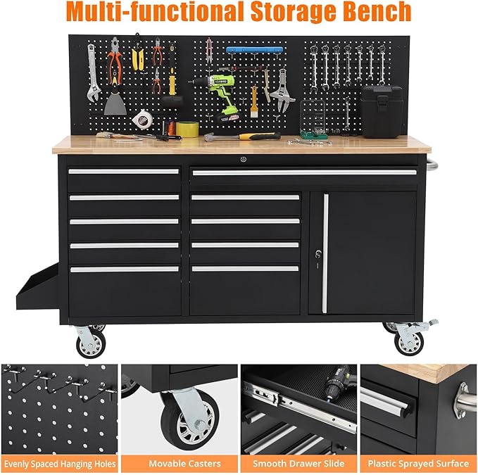Rolling Tool Chest, 61 in Garage 10 Drawers Workbench Storage Tool Cabinet with Solid Rubber Wood Top, Power Strip, 1675 LBS Load Mobile Workstation, Heavy Duty Rolling Cabinet, Black