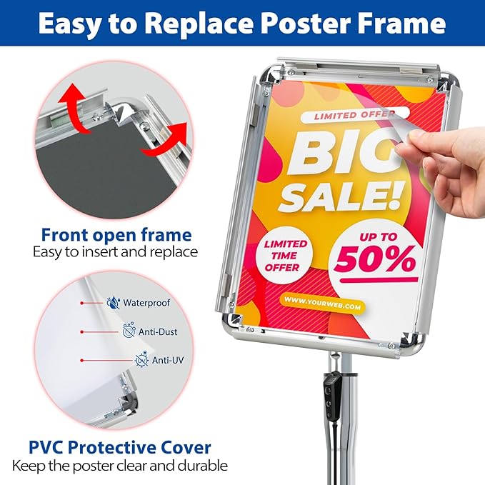 8.5x11 Adjustable Sign Holder Stand, Pedestal Poster Menu Stand, Heavy Duty Floor Standing Sign Stand Aluminum Display Stand for Vertical and Horizontal View Sign Holder, Black