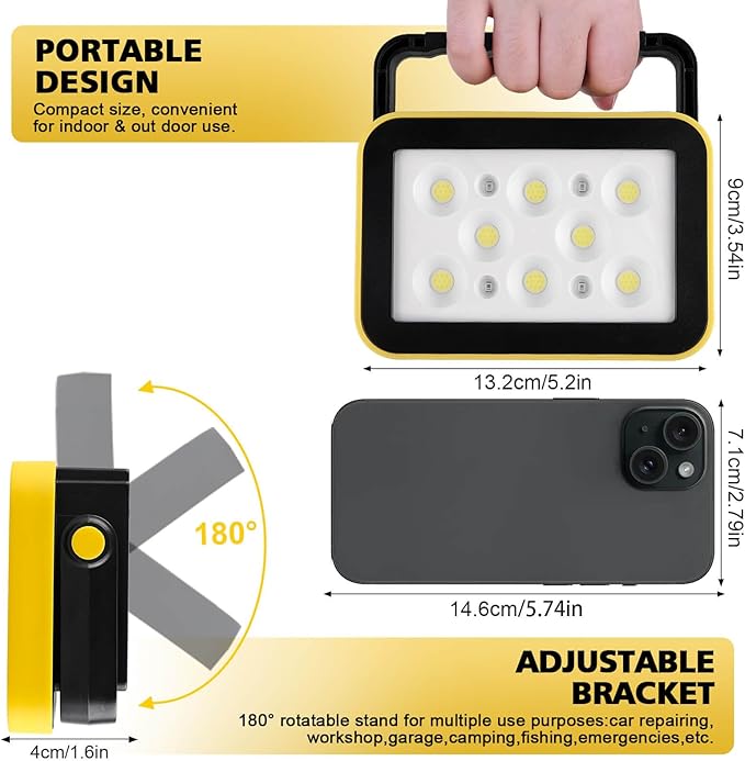 2-Pack Rechargeable Work Lights, COB Outdoor Portable LED Flood Light, Battery Operated Work Lights with Stand, Waterproof Working Light for Job Site Garage Camping Car Repair