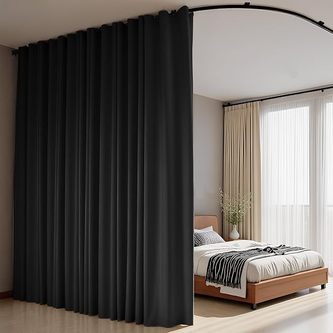Room Divider Curtains Flexible Ceiling Tracks set Curtain track Ceiling Mount Blackout Curtain for Living Room Bedroom Ceiling Curtain Rod Privacy Dividers Panels W150 x H108 Black Drape & Black rail