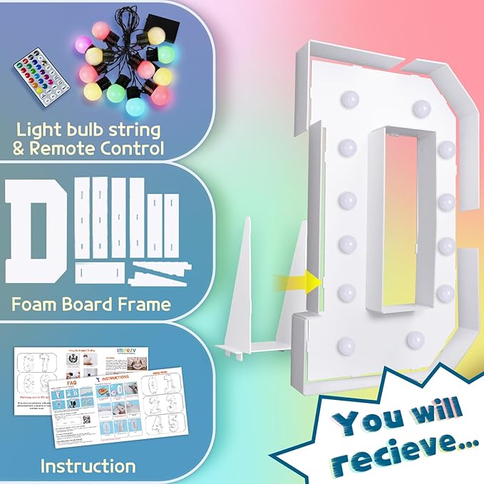 imprsv 4FT Colorful Marquee Letters D, 18 Colors Large Light up Letters Alphabet Sign with Remote, Large Marry Me Sign, Birthday Party Decorations Anniversary Wedding Decoration