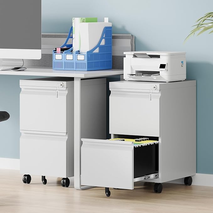 2 Drawer File Cabinet, Fully Assembled Mobile File Cabinets with Lock, Metal Rolling Filing Caninet on Wheels, Small Two Drawer Under Desk Cabnet for Letter/Legal / A4 / File Box - White