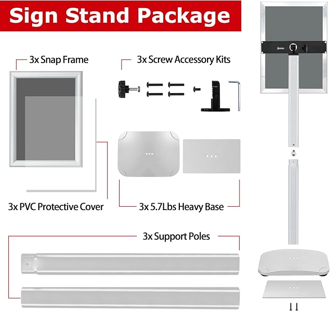 3 Pack Heavy Duty Standing Sign Holder 8.5x11 Inch - Pedestal Floor Sign Stand with Weighted Base - Vertical & Horizontal Poster/Menu Display Stands for Indoor/Outdoor Advertising, Silver