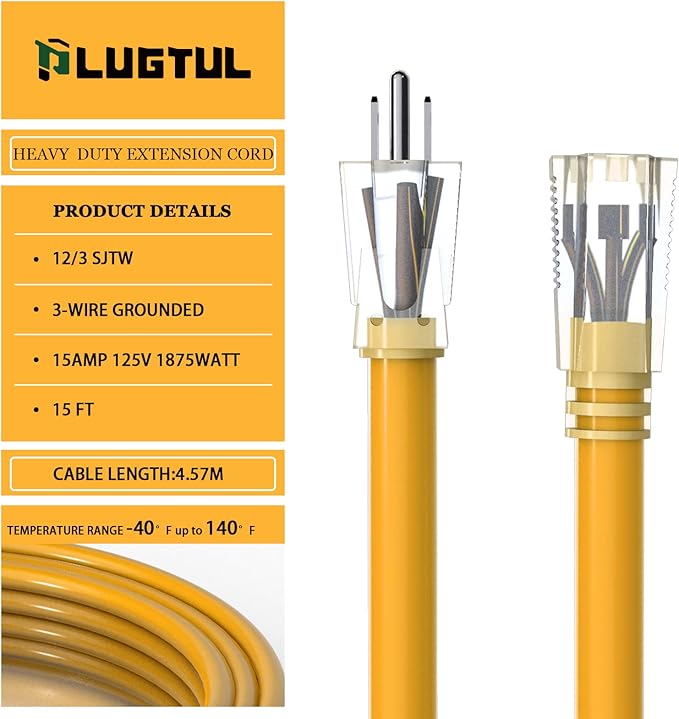 PLUGTUL Outdoor Extension Cord 15 FT Waterproof, 12/3 Gauge Heavy Duty Lighted Extension Cord, 3 Prong Grounded Plug for Safety, 15A 1875W SJTW, ETL Listed, Great for Garden and Home, Yellow