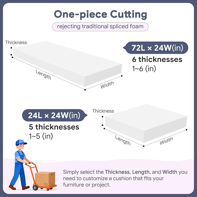 Upholstery Foam 72×24×1 Inch High Density Foam Strong Support Seat Foam for Couch Cushion Replacement Furniture Cushions Car Cushions DIY Projects (1PC)