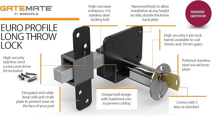 GateMate Long Throw Gate Lock 1490146, Euro Profile Keyed Alike Lock for Sheds & Gates, Keyed Outside with Thumb Turn Inside, 316 Stainless Steel, for Wooden Gates & Doors Up to 2” (50mm), 5 Keys