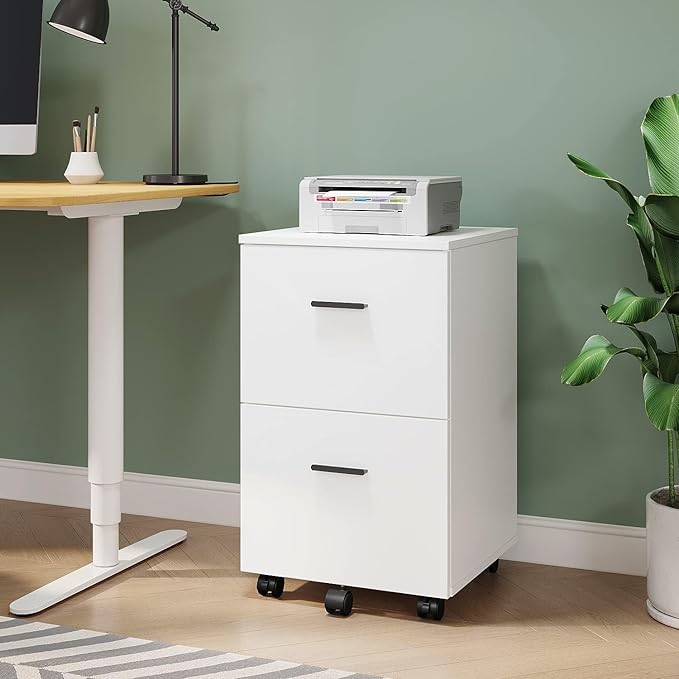 Panana 2 Drawer Wooden Mobile File Cabinet, Rolling Filing Cabinet with Wheels, Under Desk Storage Organizer for Letter/A4 Sized Files Home Office (WHITEE)
