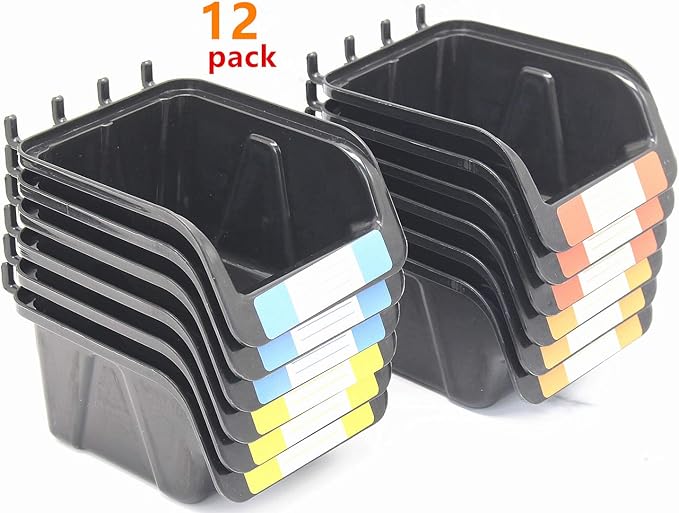 Pegboard Bins Kit 12 PACK Black Pegboard Parts Storage Tool Peg Borad Workbench Bins Organize Hardware,Attachments,Accessories (12 Pack)