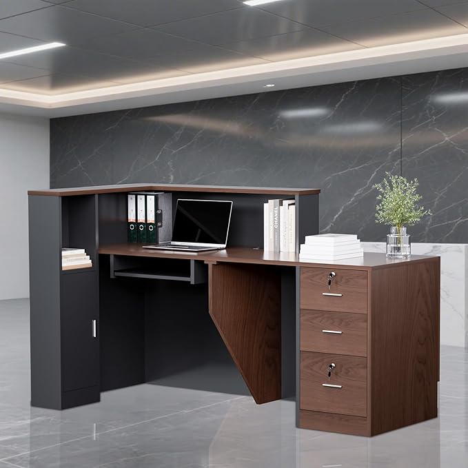 L-Shaped Modern Reception Desk with Counter & Storage - 71" Large Office Front Desk, Salon Checkout Counter with Lockable Cabinets, Shelves(Brown & Black, Right - 71''L x 34''W x 41''H)