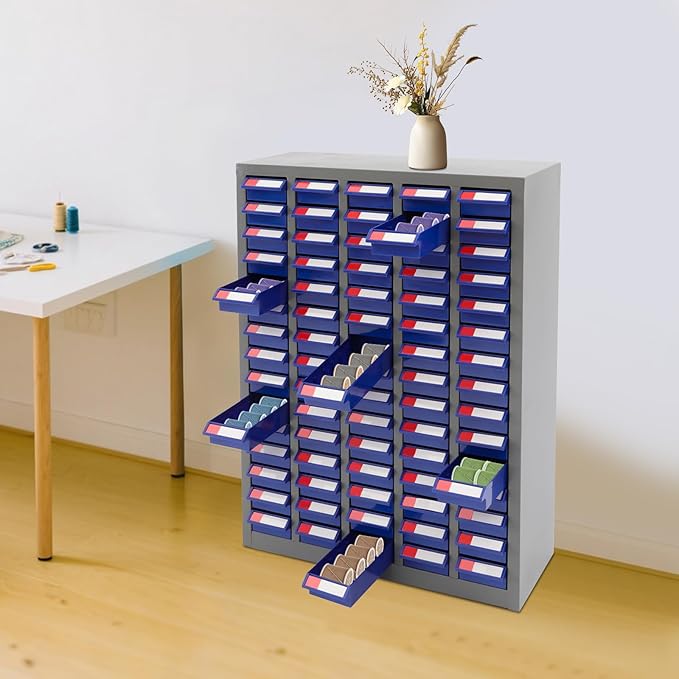 75 Drawer Parts Cabinet,Metal Tool Cabinet with Each Drawer 5.5 Lbs Load ,Bolt and Nut Tool Storage Box with Hooks , Material Cabinet for Hardware Stores, Warehouses, Car Repair Shops(Grey & Blue )
