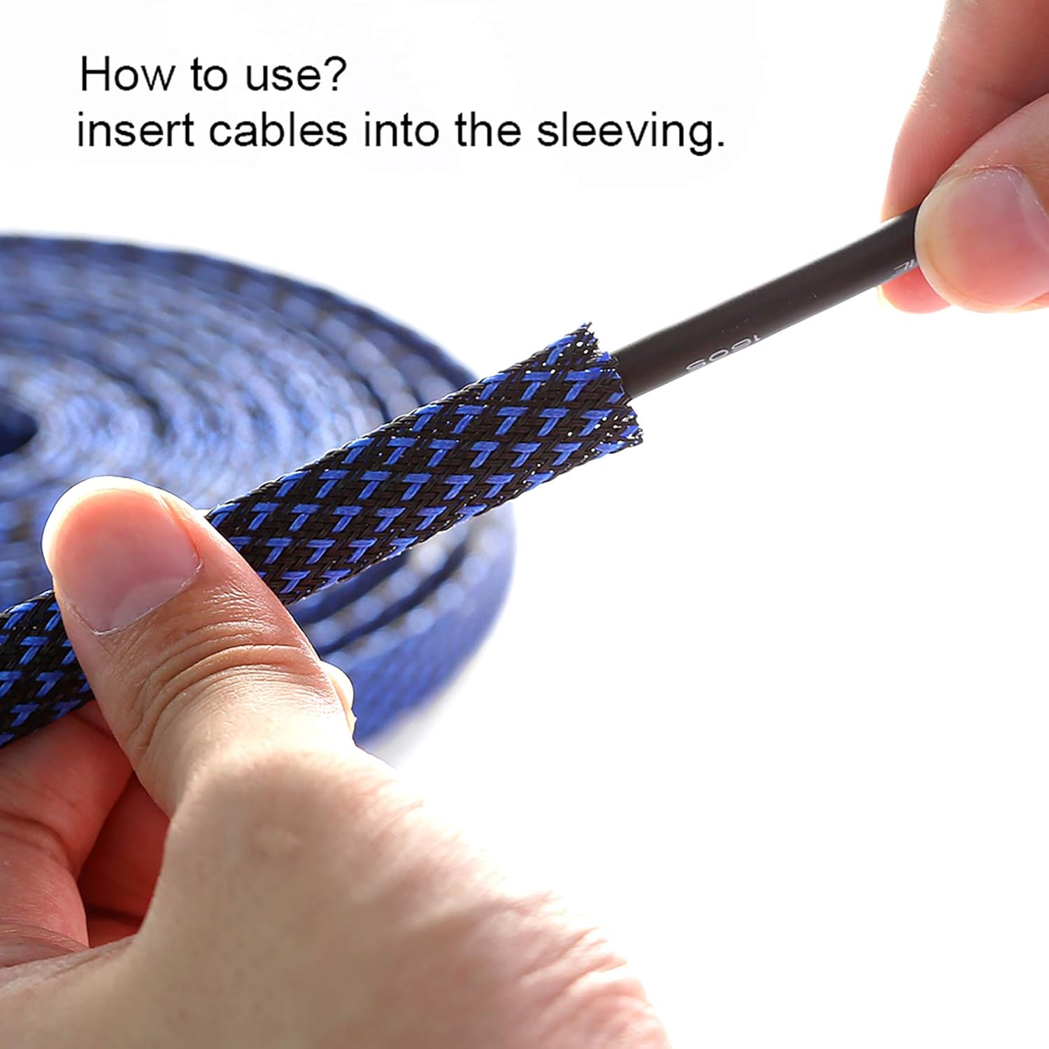 PET Expandable Braided Sleeving 100Ft-1 inch Wire Loom, Aibole Cable Sleeve Wrap,Black&Blue Blackblue