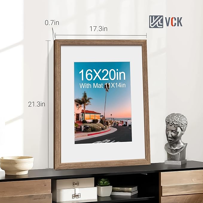 VCK 16x20 Picture Frame 2 Pack - Walnut, High-End Wood Poster Frames with Tempered Glass, Display 11x14 Photo with Mat or 16x20 without Mat, Art Gallery-Quality, Wall Hanging, Walnut