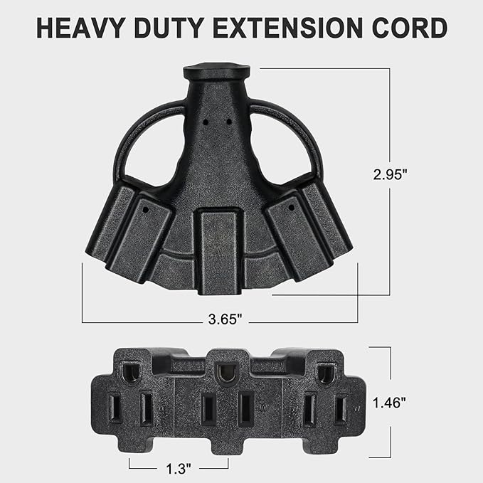 3FT 2 Pack 12 Gauge 3 Outlet Outdoor Extension Cord 12/3 Heavy Duty SJTW Power Cord 3 Way Waterproof Power Cable 3 Prong Grounded 12AWG 15Amp 1875W ETL Listed