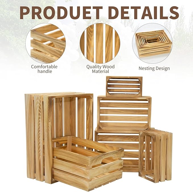 Wooden Crates for Display 6 Pack Large Rustic Nesting Wooden Basket with Handle, Decorative Farmhouse Wood Crate for Storage and Container, 6 Size Wood Basket Decor Boxes