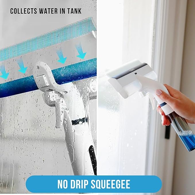 Don Aslett No Drip Squeegee with 4 Ft Long Aluminum Handle (White) Cleaning Tool with Solution Container, Spray, & Scrubber for Bathroom Shower Glass Door, Mirrors, Household Windows, Car Windshield