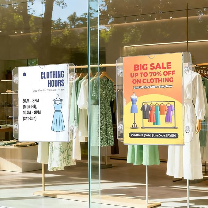 Acrylic Sign Holder 8.5 x 11, 6 Packs Flyer Holder for Business, Clear Sign Holder with Suction Cups for Menu, Notice, Frames Glass Door Window Display Stand for Store, Restaurant, Office