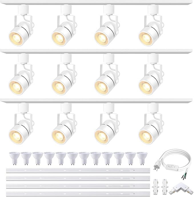 White Track Lighting Heads Kits, Dimmable 12-Light GU10 LED Track Lights Extended 14.76Ft H Type Track Rails 10W 6000K Natural Light Ceiling Spotlight Fixture with Replaceable GU10 LED Bulbs
