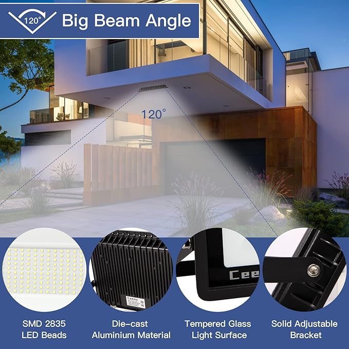 Ceena 2 Pack 60W Plug in LED Flood Light Outdoor, 6000lm Super Bright Floodlight with 5.9FT Wire, IP66 Waterproof 6000K LED Work Light for Garage, Yard, Patio, Front Door