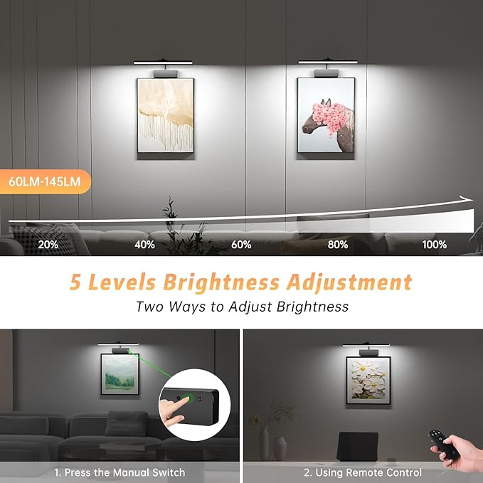 Lightbiz Picture Light 2 Pcs, 15.35inch 5400mAh Rechargeable Picture Lights for Wall Battery Operated Wall Lights with Remote, 3 Colors Paintings Light Dimmable Art Light for Artwork, Gallery (Black)