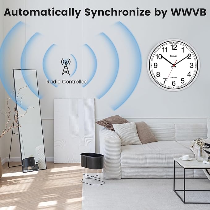Geevon 16 Inch Atomic Wall Clock - Self-Setting Analog Clock with Automatic Time Sync - Battery Operated for Home Office School - Silver Frame