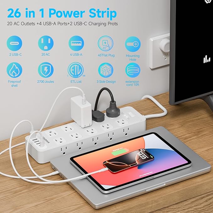 Power Strip Surge Protector Flat Plug with 20 AC Outlets 6 USB Chagring Ports, 1875W/15A, 2700J, 10 Ft Heavy Duty Extension Cord for Home, Office, Dorm, Gaming,ETL Listed (White, 10FT)