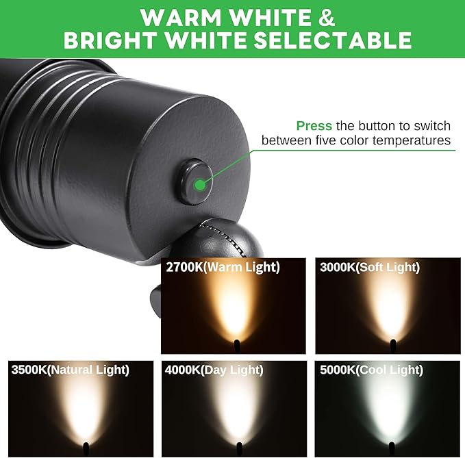 Landscape Spotlights Low Voltage - 2700K/3000K/3500K/4000K/5000K Selectable Uplights, 12V Wired LED Spot Lights Outdoor Waterproof, Aluminum Black for Outside Trees Wall 4 Pack
