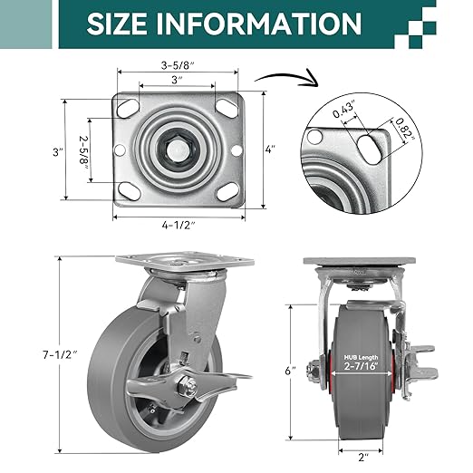 6'' × 2'' Caster Wheels, Heavy Duty Industrial Casters, Rubber Wheels with Roller Bearing, Load 900lbs per Swivel Caster for Cart Dolly Toolbox Trolley (2 Brake)