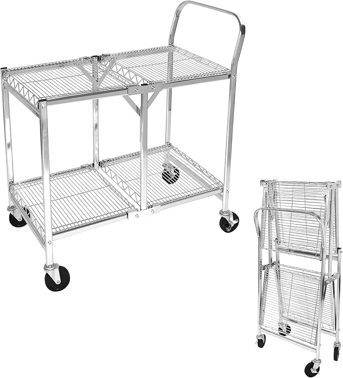Collapsible 2 Shelf Wire Cart, Heavy Duty Collapsible Wire Rolling Utility Cart with Locking Brakes, 500lb Capacity, Folds Up for Storage, Chrome, 37.5" x 20.4" W x 36.2" H