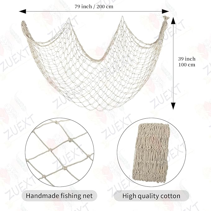 ZUEXT Beige Decorative Fishing Net 80x40 Inch, 2 Pack Large Picture Fish Net, Wall Photo Hanging Fishnet for Nautical Mermaid Pirate Ocean Themed Hawaii Beach Under the Sea Party Decorations