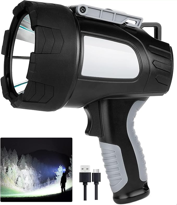 LBE Rechargeable Spotlight Outdoor, 90,000 Lumens Led Spotlight Flashlight with Cob Light and Foldable Tripod, 6 Modes Waterproof Handheld Spot Light for Outdoor Marine Boating Hµnting
