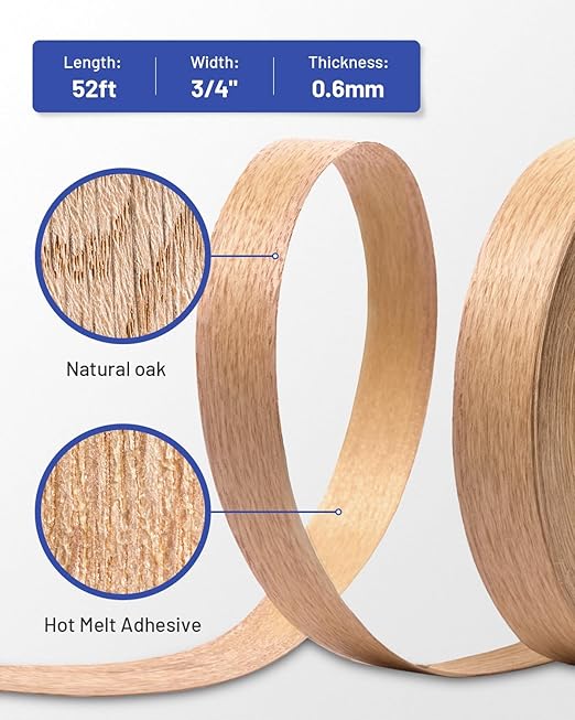 Red Oak Edge Banding 3/4 inch x 50 ft Real Wood Veneer Plywood Edge Banding Iron-on Pre-glued Veneer Edging Tape for Cabinet Repairs Furniture Restoration