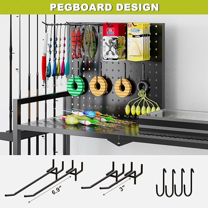 Fishing Rod Holders for Garage, Fishing Rod Stand with Wheels and Pegboard, 3-Tier Pole Storage Rack with 8 Hooks and 12 Rod Slots, Ideal for Tackle, Backpacks, and Gear