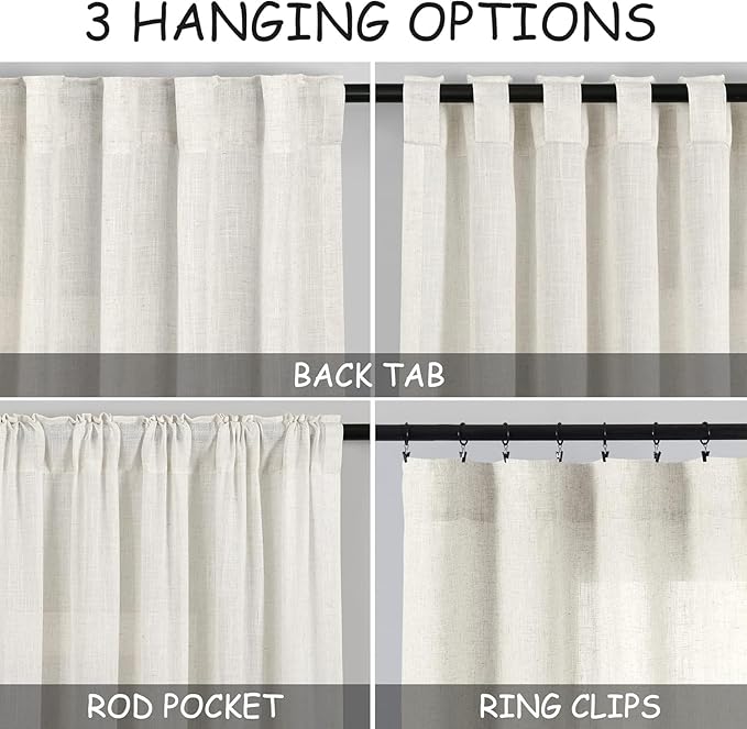 Nanspring Cafe Curtains 36 Inch Length Cream Kitchen Linen Semi Sheer Curtains Light Filtering Small Window Back Tab and Rod Pocket Rustic Farmhouse Curtain for Basement 29 x 36 Inch, 2 Panels