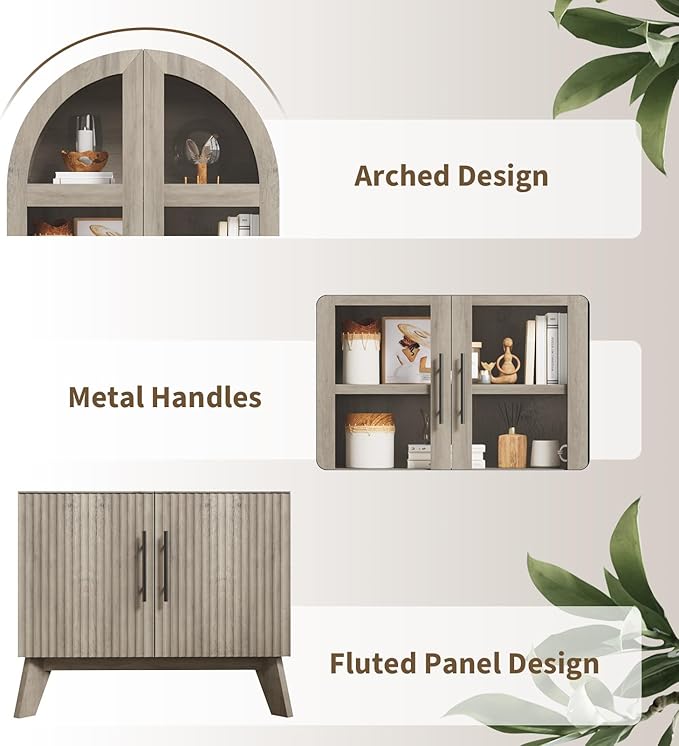 71" Modern Fluted Display Cabinet with Glass Door, Arched Curio Cabinet with Adjustable Shelf, Bookcase for Collectibles Books, Storage Cabinet for Living Room, Dining Room, Grey