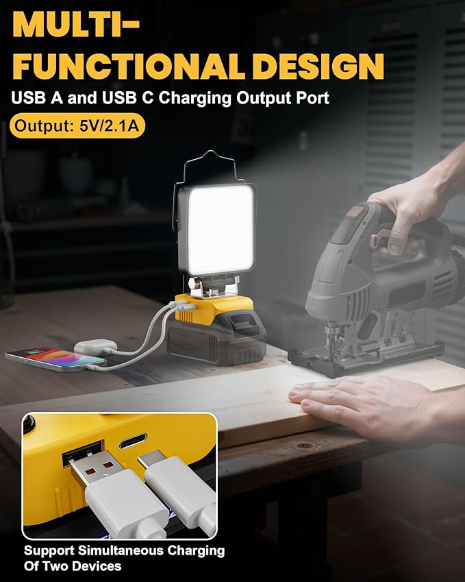 LIVOWALNY 2PCS LED Work Light Compatible with Dewalt 20V Max Battery, 70W 7000LM Battery Light 20V Cordless Tools, Portable Flood Flashlight with USB A & USB C Output Port, Low Voltage Protection