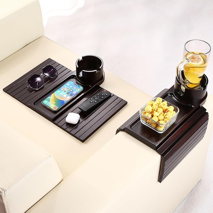 Couch Cup Holder Tray, 15.75" Bamboo Cup Holder for Couch, 3 in 1 Foldable Arm Chair Clip on Side Tray Table for Remote Snack Table on Armrest