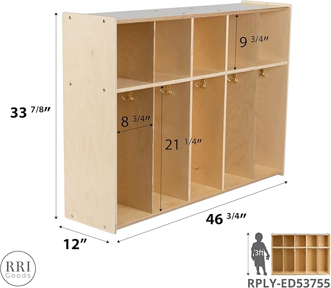 5-Section Coat Locker with Cubbies, Wooden Backpack Storage Organizer with Coat Hooks and Cubby Storage Organizer Cubes for Kids, Daycare, Classroom