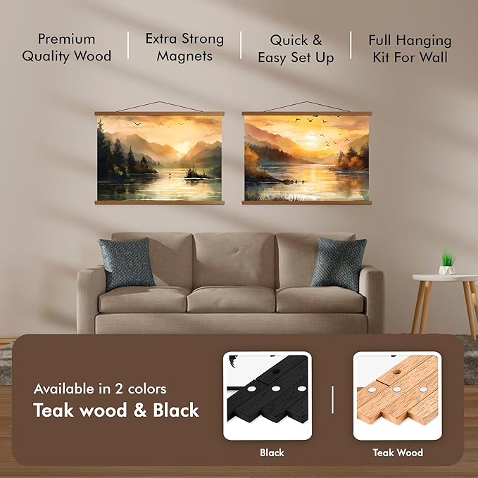 Travelization Magnetic Poster Hanger 12” Poster Frame with Strong Magnets, Complete Hanging Kit for Posters, Art, Maps, and More, Fits 12x12, 12x18, 12x24, and 12x36, Teak Wood