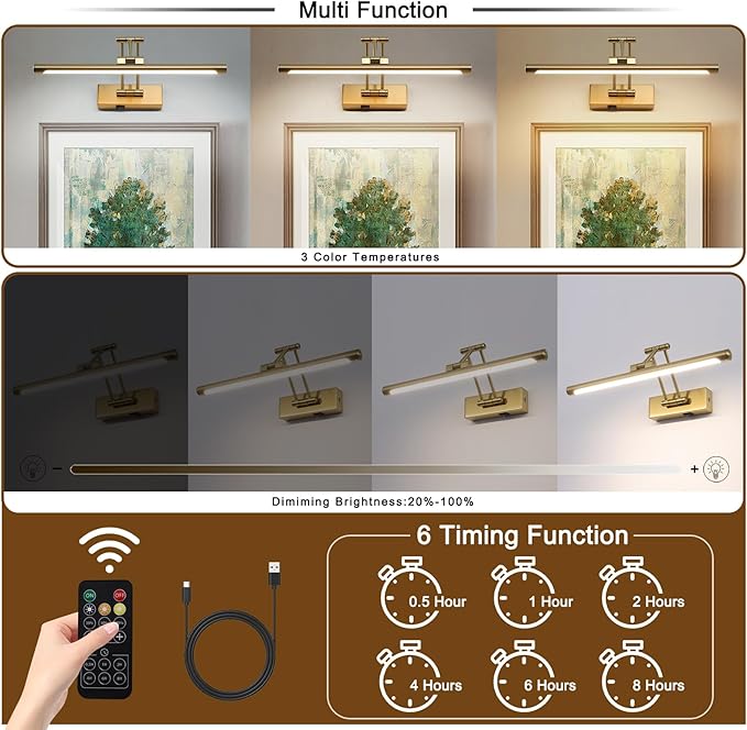 Battery Picture Lights for Wall, Rechargeable Gallery Light Wireless Art Display Lights with Dual-Rods Swing Arm Brass Painting Light with Remote & Timer 3CCT Dimmable Wall Sconces for Portrait 16”